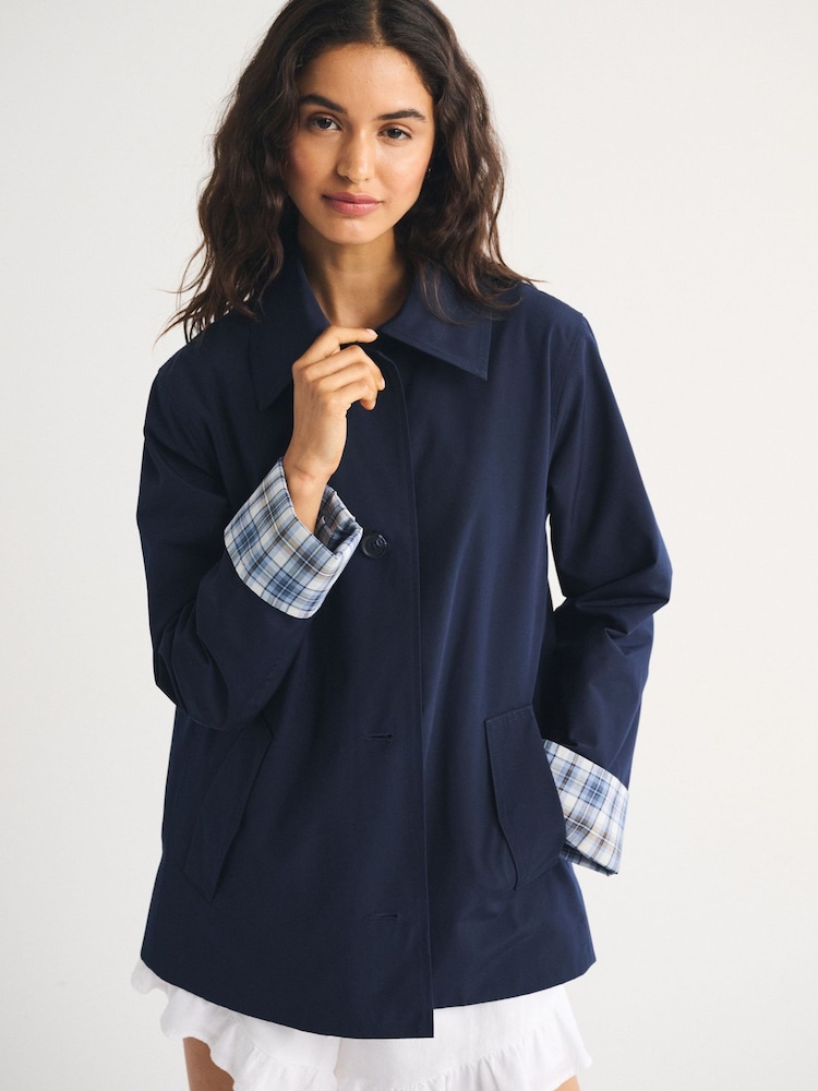 Abercrombie & Fitch Blue A-Line Navy Check Trench Coat - Image 1 of 9 Abercrombie & Fitch Blue A-Line Navy Check Trench Coat - Image 1 of 9