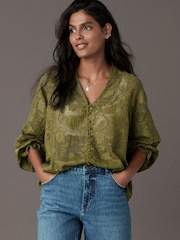 Olive Green Jacquard Boho Long Sleeve Tie Neck Blouse - Image 1 of 8