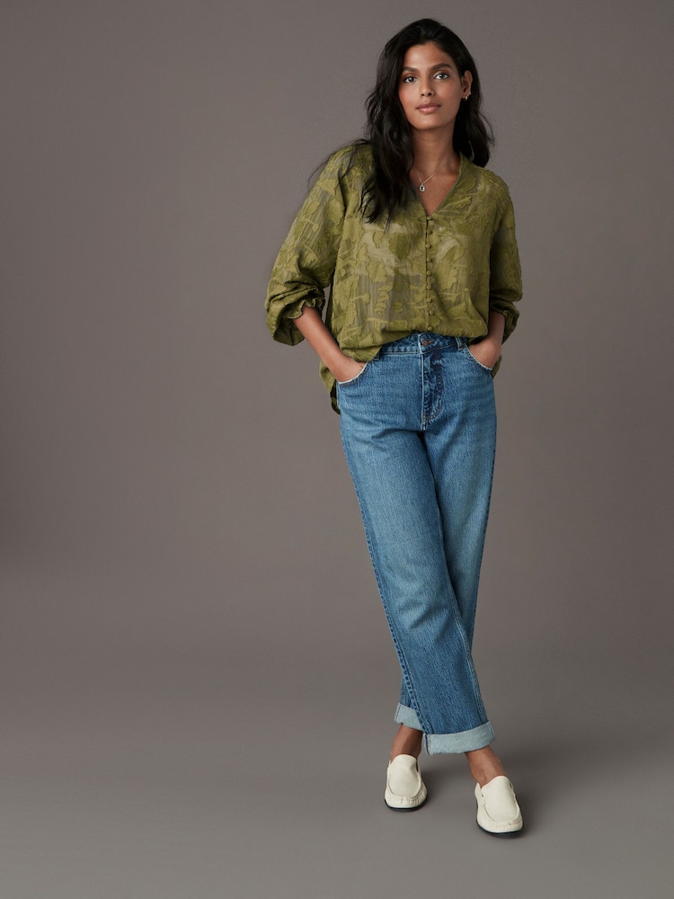 Olive Green Jacquard Boho Long Sleeve Tie Neck Blouse - Image 2 of 8