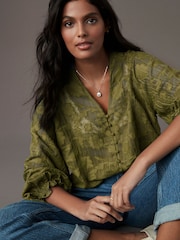 Olive Green Jacquard Boho Long Sleeve Tie Neck Blouse - Image 3 of 8