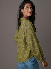 Olive Green Jacquard Boho Long Sleeve Tie Neck Blouse - Image 4 of 8