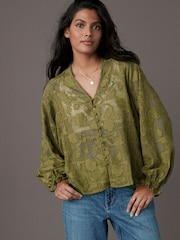Olive Green Jacquard Boho Long Sleeve Tie Neck Blouse - Image 5 of 8