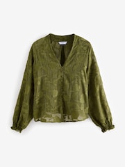 Olive Green Jacquard Boho Long Sleeve Tie Neck Blouse - Image 7 of 8