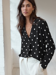 Black/White Spot Relaxed Fit Long Sleeve Overhead V-Neck Blouse - Image 1 of 7
