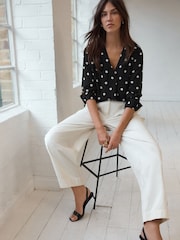 Black/White Spot Relaxed Fit Long Sleeve Overhead V-Neck Blouse - Image 2 of 7
