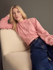 Pink Long Sleeve Ladder Insert 100% Cotton Blouse - Image 1 of 9