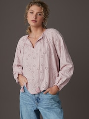 Rose Pink Textured Floral Cornelli Embroidered Long Sleeve 100% Cotton Boho Blouse - Image 1 of 7