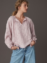 Rose Pink Textured Floral Cornelli Embroidered Long Sleeve 100% Cotton Boho Blouse - Image 2 of 7