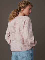 Rose Pink Textured Floral Cornelli Embroidered Long Sleeve 100% Cotton Boho Blouse - Image 3 of 7