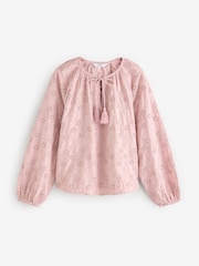 Rose Pink Textured Floral Cornelli Embroidered Long Sleeve 100% Cotton Boho Blouse - Image 5 of 7