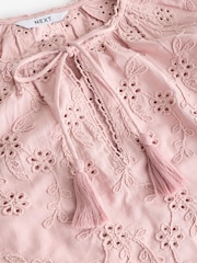 Rose Pink Textured Floral Cornelli Embroidered Long Sleeve 100% Cotton Boho Blouse - Image 6 of 7