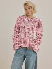 Pink Smock Detail Gingham Long Sleeve 100% Cotton Blouse - Image 1 of 8