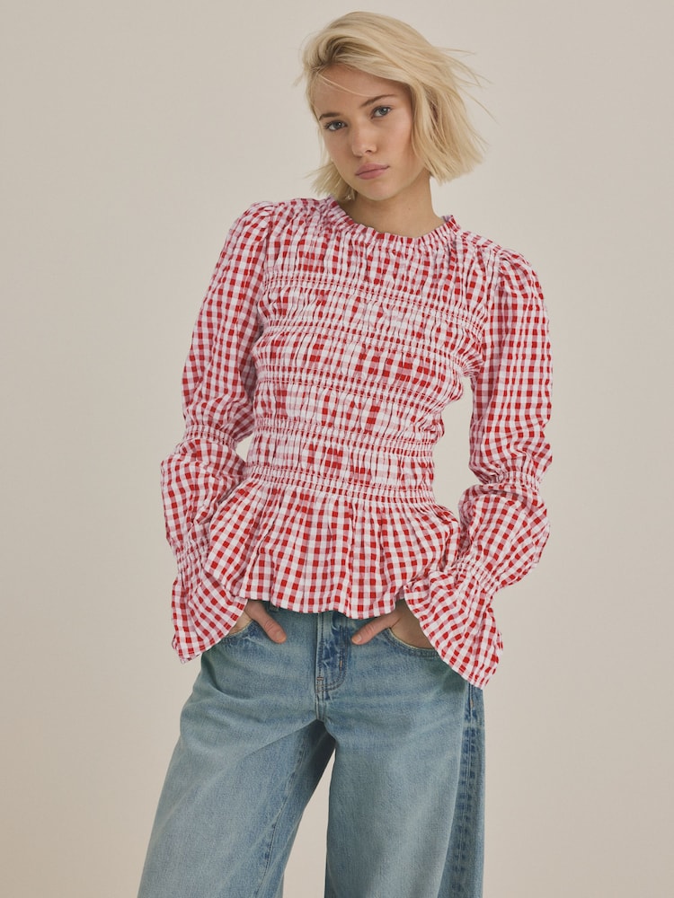Pink Smock Detail Gingham Long Sleeve 100% Cotton Blouse - Image 1 of 8