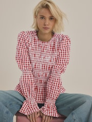 Pink Smock Detail Gingham Long Sleeve 100% Cotton Blouse - Image 2 of 8