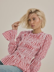 Pink Smock Detail Gingham Long Sleeve 100% Cotton Blouse - Image 3 of 8