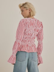 Pink Smock Detail Gingham Long Sleeve 100% Cotton Blouse - Image 4 of 8