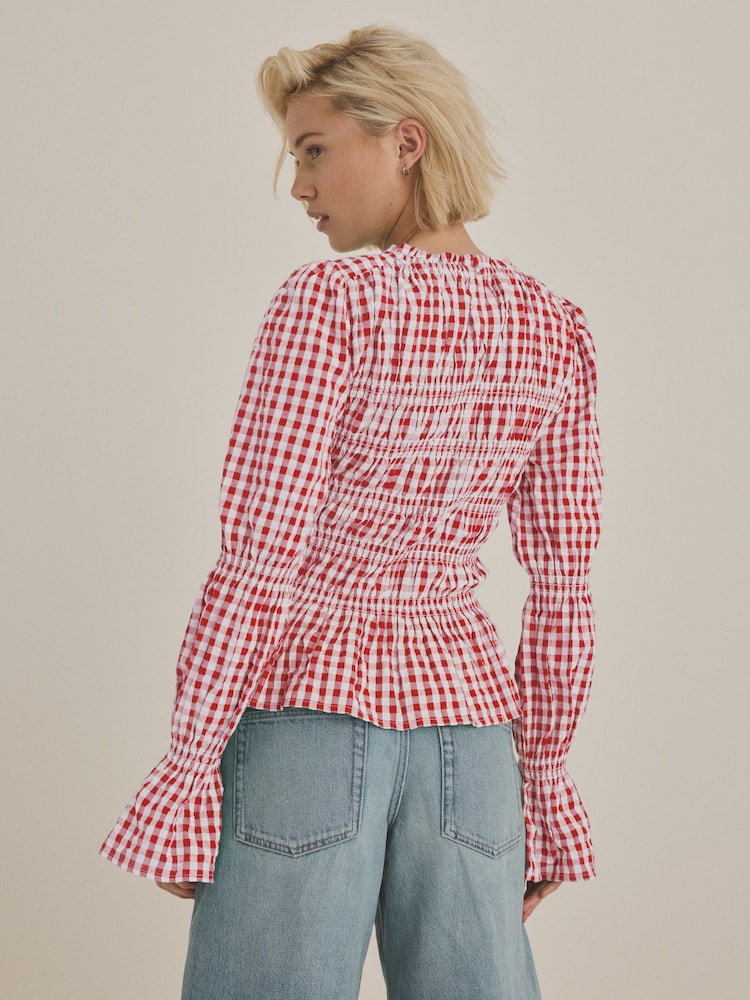 Pink Smock Detail Gingham Long Sleeve 100% Cotton Blouse - Image 4 of 8
