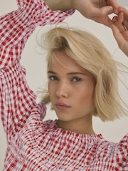 Pink Smock Detail Gingham Long Sleeve 100% Cotton Blouse - Image 5 of 8