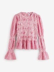 Pink Smock Detail Gingham Long Sleeve 100% Cotton Blouse - Image 6 of 8