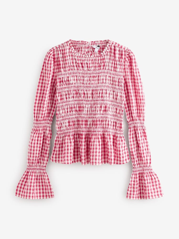 Pink Smock Detail Gingham Long Sleeve 100% Cotton Blouse - Image 6 of 8