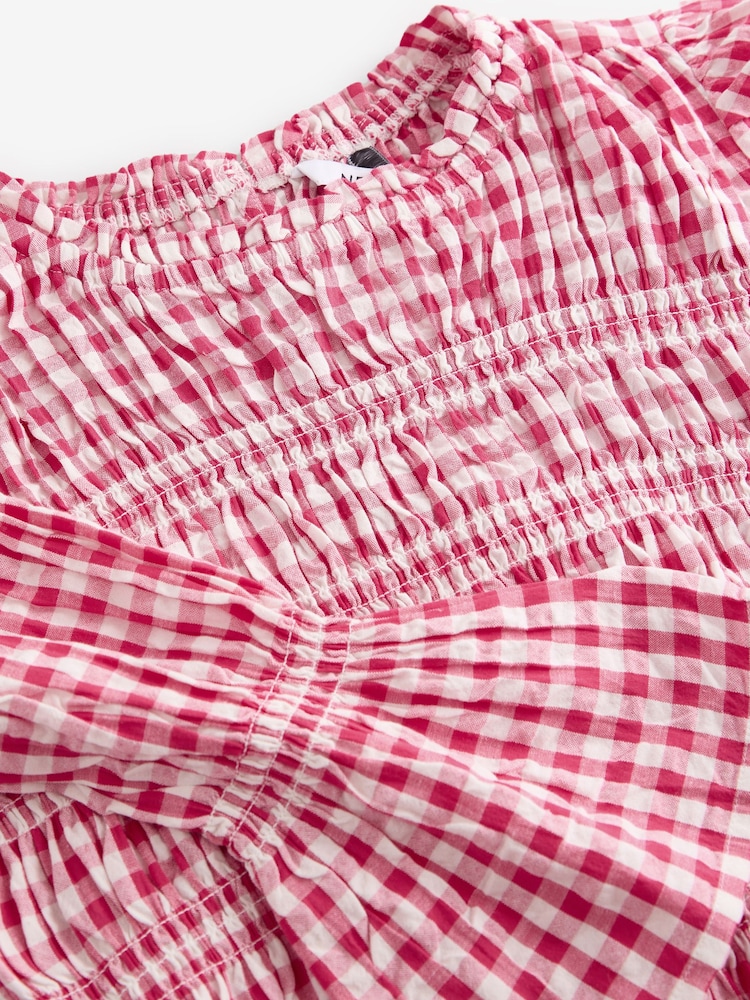 Pink Smock Detail Gingham Long Sleeve 100% Cotton Blouse - Image 8 of 8