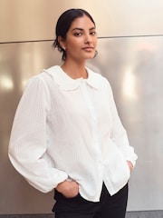 Ecru Long Sleeve Peter Pan Collar 100% Cotton Blouse - Image 1 of 7