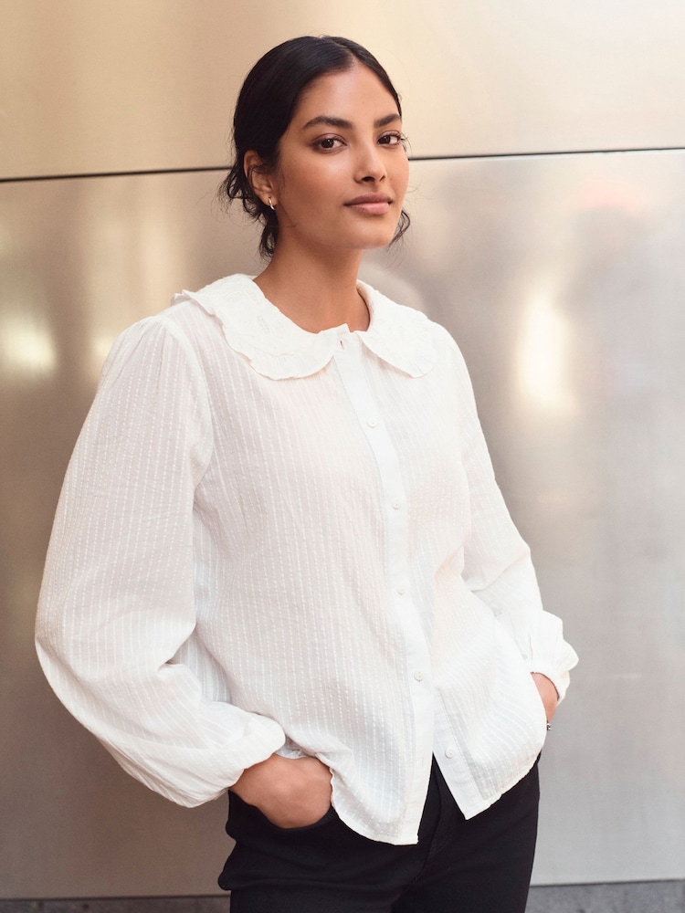 Ecru Long Sleeve Peter Pan Collar 100% Cotton Blouse - Image 1 of 7