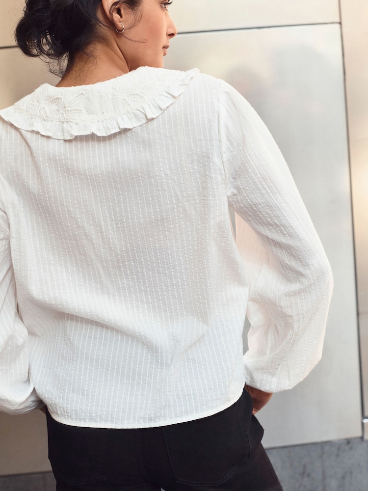Ecru Long Sleeve Peter Pan Collar 100% Cotton Blouse - Image 3 of 7