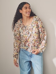 Floral Print Sheer Ruffle Trim Tie Neck Blouse - Image 1 of 6