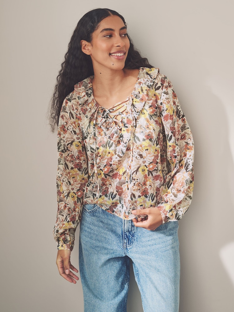 Floral Print Sheer Ruffle Trim Tie Neck Blouse - Image 1 of 6
