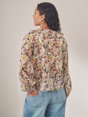 Floral Print Sheer Ruffle Trim Tie Neck Blouse - Image 2 of 6