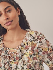 Floral Print Sheer Ruffle Trim Tie Neck Blouse - Image 3 of 6