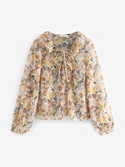 Floral Print Sheer Ruffle Trim Tie Neck Blouse - Image 4 of 6