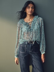Teal Blue Print Sheer Ruffle Trim Tie Neck Blouse - Image 1 of 8
