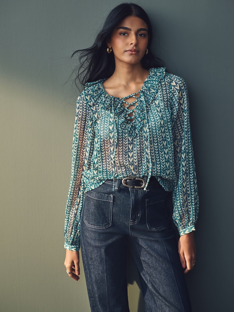 Teal Blue Print Sheer Ruffle Trim Tie Neck Blouse - Image 1 of 8