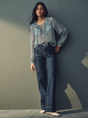 Teal Blue Print Sheer Ruffle Trim Tie Neck Blouse - Image 2 of 8