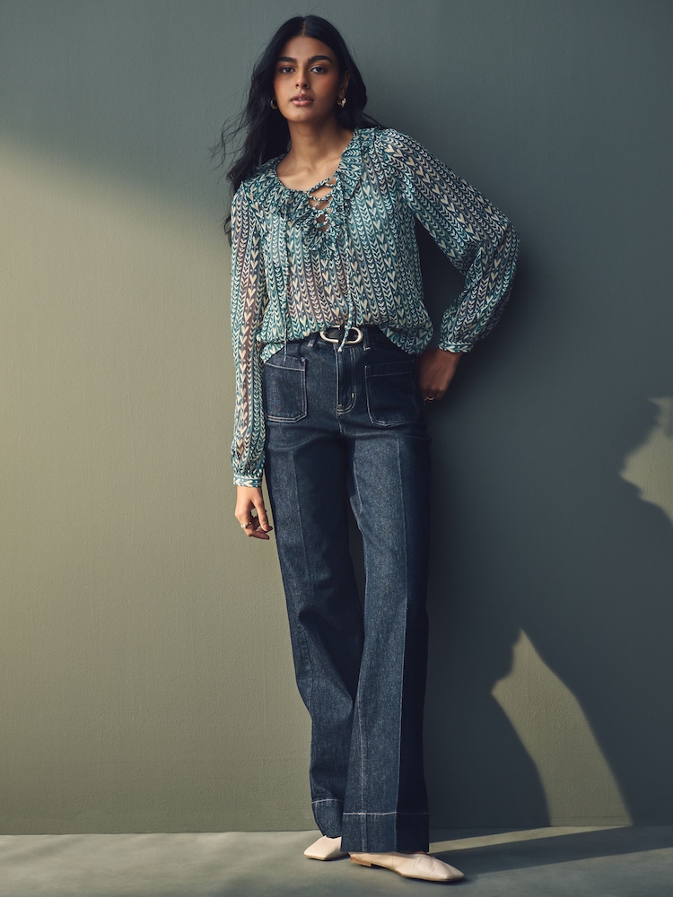 Teal Blue Print Sheer Ruffle Trim Tie Neck Blouse - Image 2 of 8