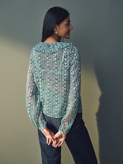 Teal Blue Print Sheer Ruffle Trim Tie Neck Blouse - Image 3 of 8