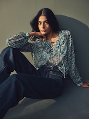 Teal Blue Print Sheer Ruffle Trim Tie Neck Blouse - Image 4 of 8