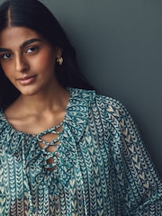 Teal Blue Print Sheer Ruffle Trim Tie Neck Blouse - Image 5 of 8