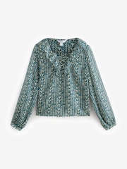 Teal Blue Print Sheer Ruffle Trim Tie Neck Blouse - Image 6 of 8
