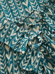 Teal Blue Print Sheer Ruffle Trim Tie Neck Blouse - Image 7 of 8
