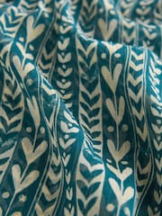 Teal Blue Print Sheer Ruffle Trim Tie Neck Blouse - Image 8 of 8
