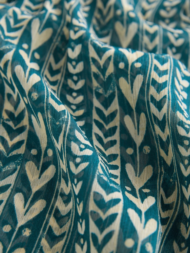 Teal Blue Print Sheer Ruffle Trim Tie Neck Blouse - Image 8 of 8