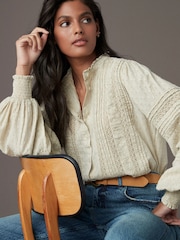 Ecru Long Sleeve Ladder Insert 100% Cotton Blouse - Image 1 of 8