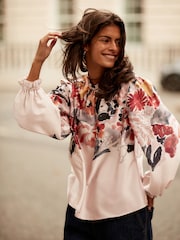 Blush Pink Floral Placement Print Satin High Neck Long Sleeve Blouse - Image 2 of 8