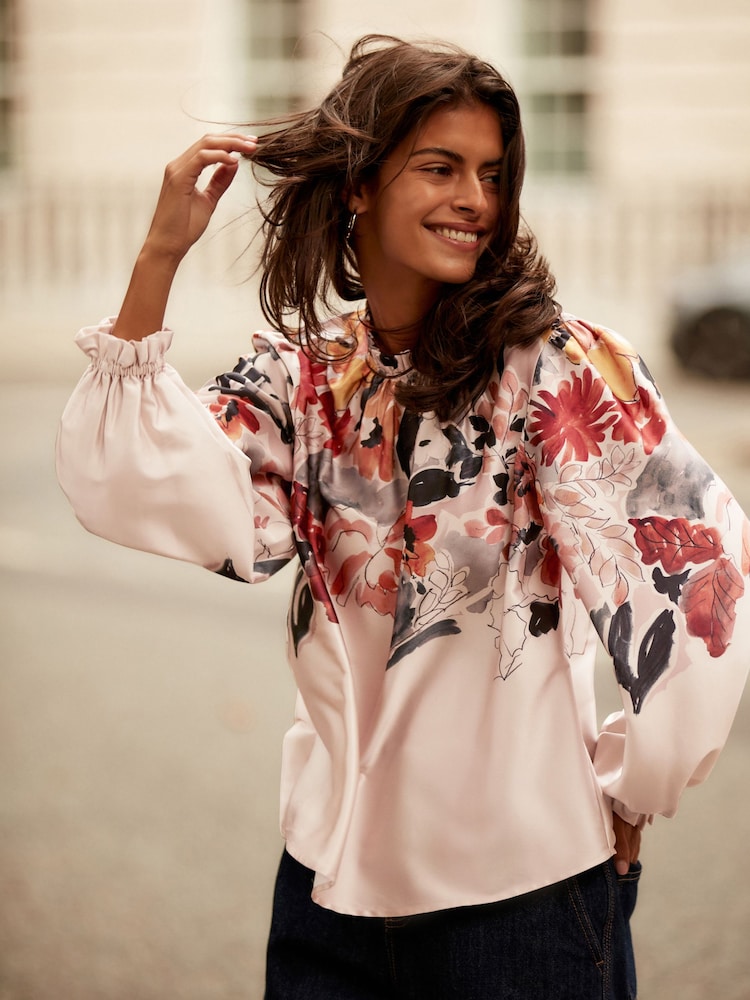 Blush Pink Floral Placement Print Satin High Neck Long Sleeve Blouse - Image 2 of 8 Blush Pink Floral Placement Print Satin High Neck Long Sleeve Blouse - Image 2 of 8