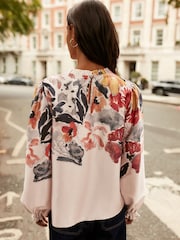 Blush Pink Floral Placement Print Satin High Neck Long Sleeve Blouse - Image 3 of 8