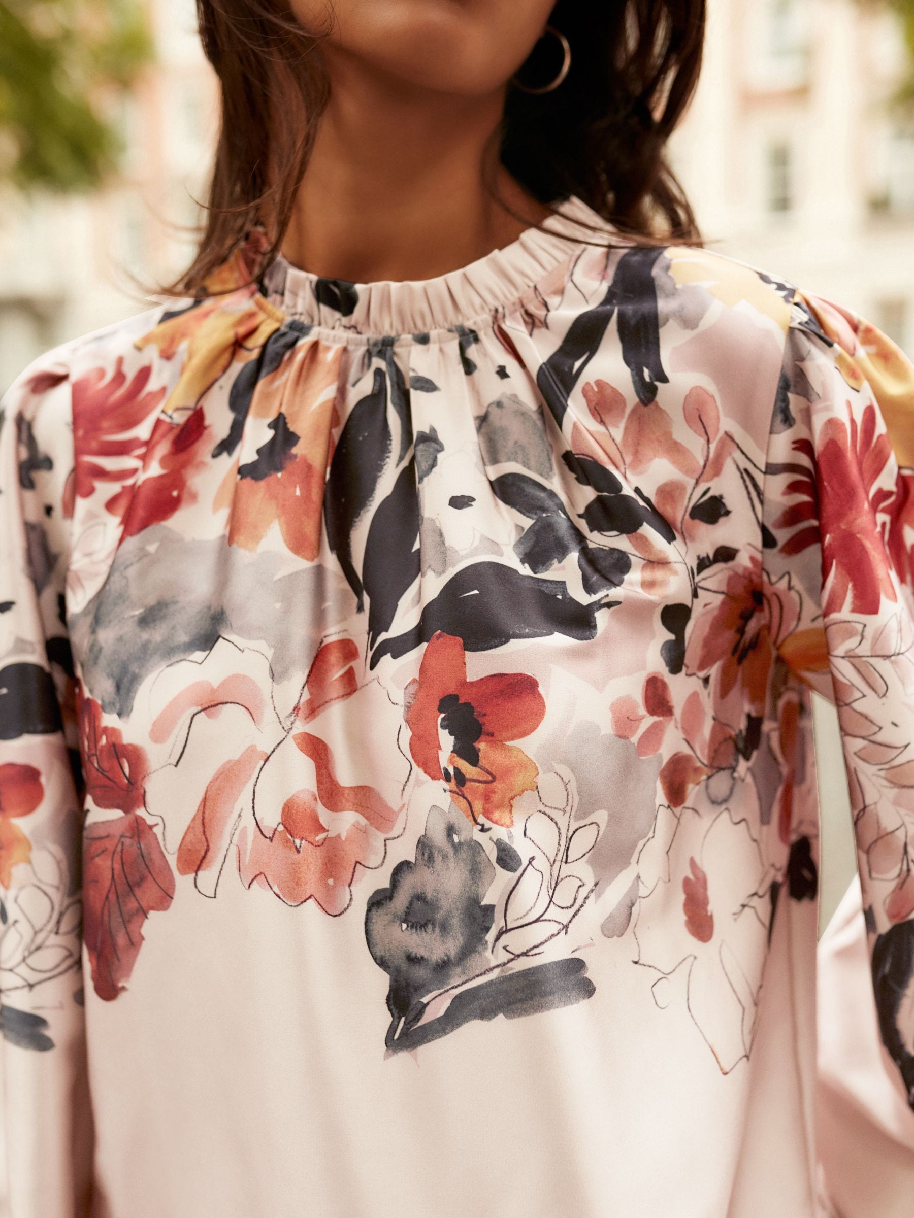 Buy Blush Pink Floral Placement Print Satin High Neck Long