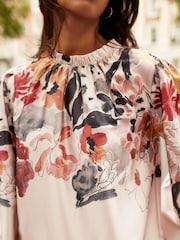 Blush Pink Floral Placement Print Satin High Neck Long Sleeve Blouse - Image 4 of 8